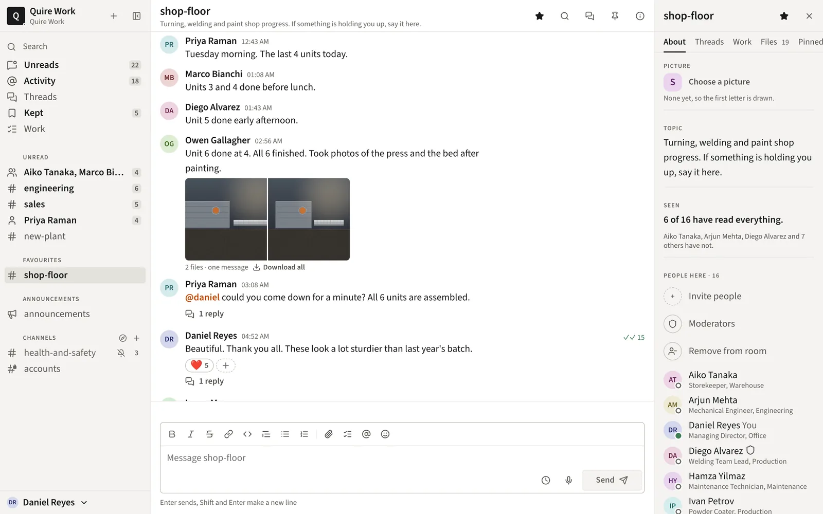 Quire Work on a computer: a room with photos, replies and its members
