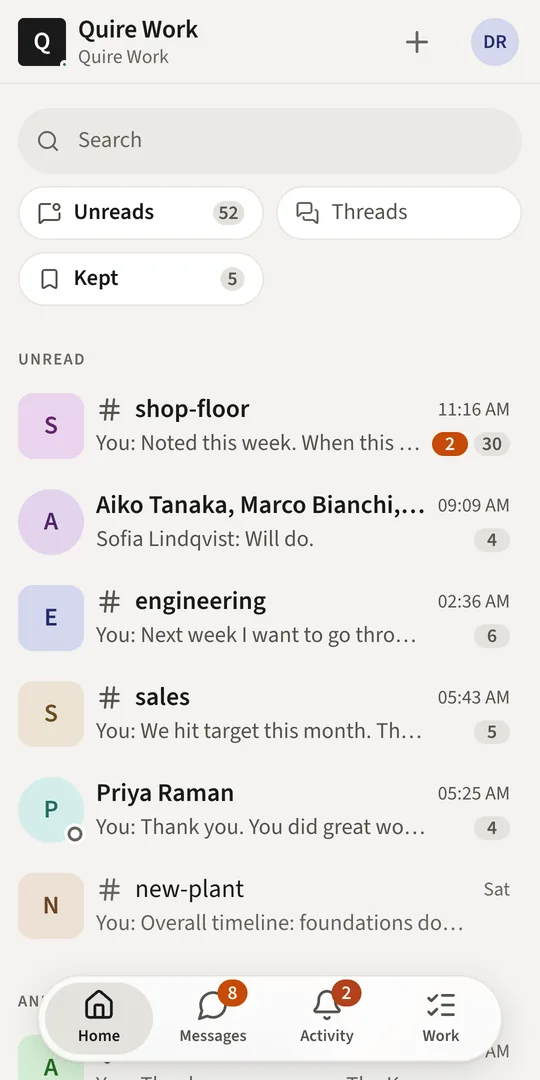 Quire Work on a phone: the list of rooms with unread counts